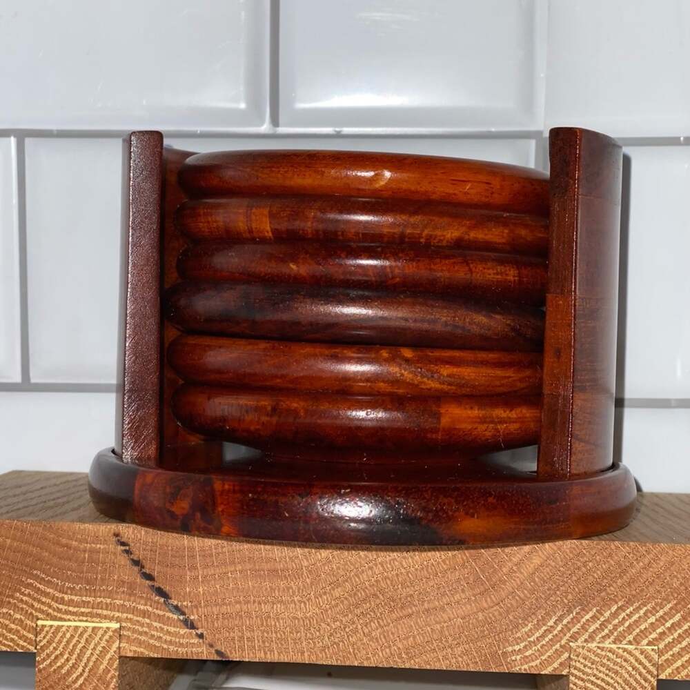 Vintage Julie Pomerantz 7 pc Teakwood Coaster Set Midcentury Modern